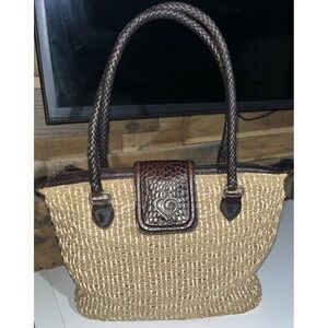 Brighton Fair Isle Straw Woven and Leather Top Handle Shoulder Bag VTG